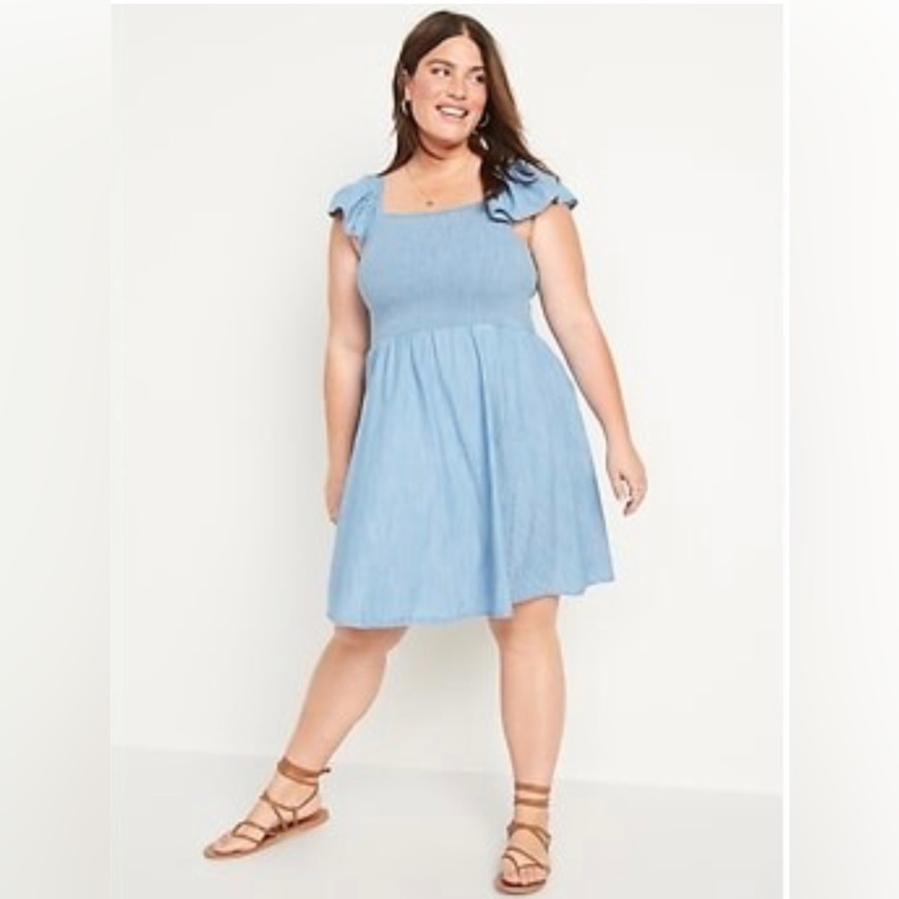 Old Navy Flutter-Sleeve Fit & Flare Smocked Chambray Mini Dress XXL